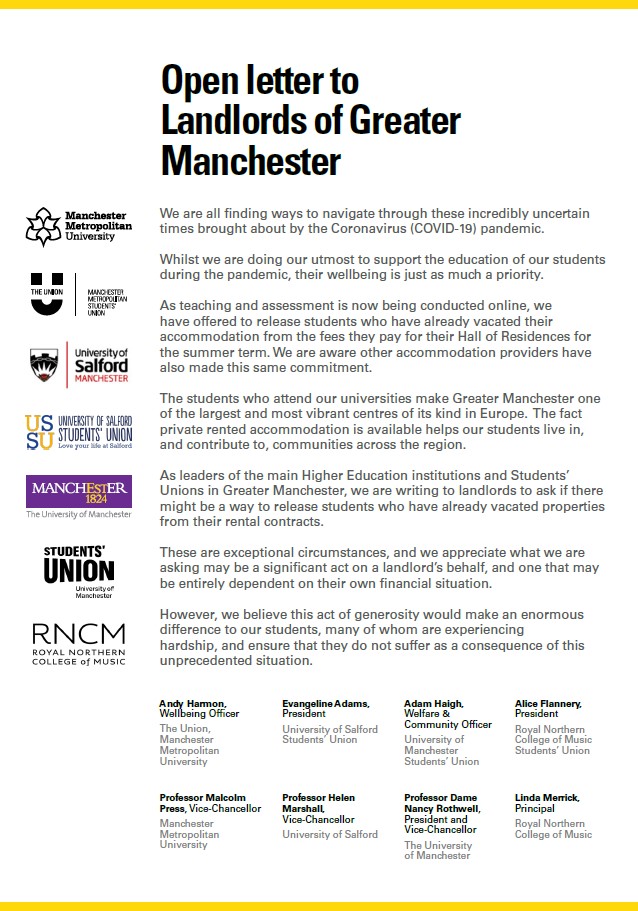 Open Letter to Landlords of Greater Manchester University of Salford